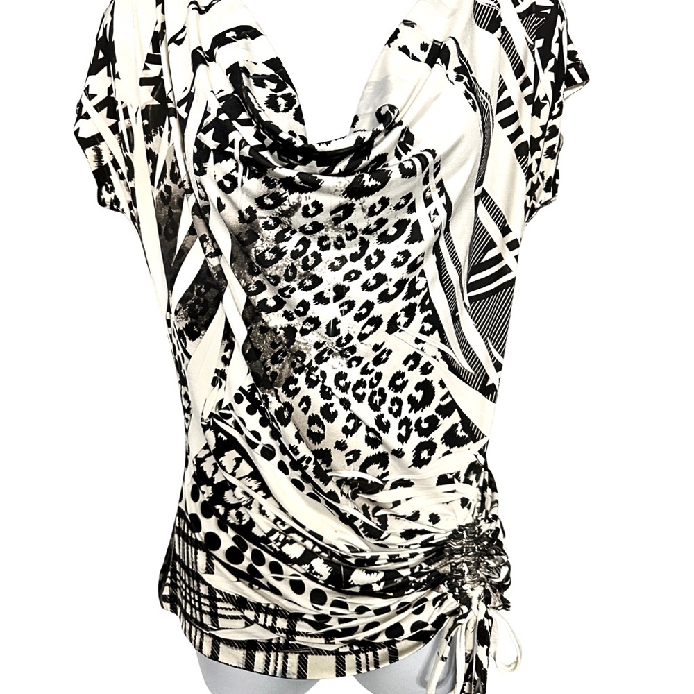 Dot’s Black and White Print Fitted Cowl Neck Top Ruched Side Women’s Size M